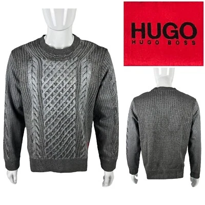Hugo Boss Para Hombres Sudadera Mediana Cromo Tejido con Cable Estampado Gráfico Gris Algodón Usada en Excelente Condición Foto 1 de 4
