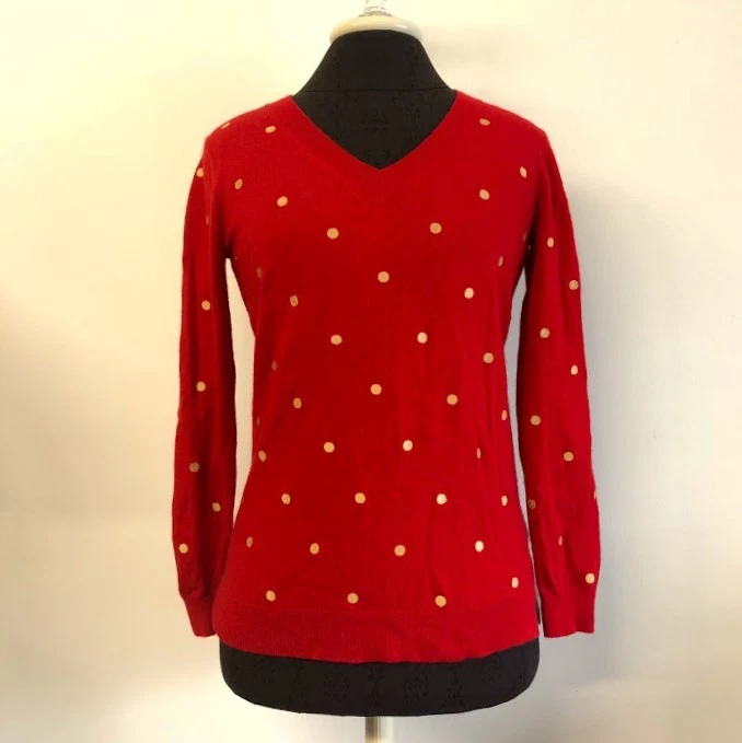 J Crew Embroidered Dot Tunic Sweater Red Gold Gray Polka Dot Merino Wool Small - Image 1 of 4