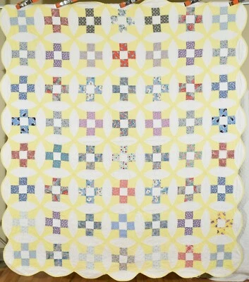 BEAUTIFUL Vintage 30's Improved Nine Patch Antique Quilt ~Yellow Accents! - Image 1 of 4