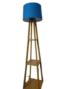 Wooden Teak Floor Lamp with Shelf Blue Shade Floor Lamp for Living Room,Bedroom - Picture 1 of 6