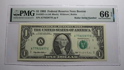 $1 1995 Radar Serial Number Federal Reserve Currency Bank Note Bill PMG UNC66EPQ - Image 1 of 3