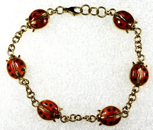 DESIGNER 14K GOLD Red Overlay Black Inlay LADYBUG Linked BRACELET Estate - Picture 1 of 7