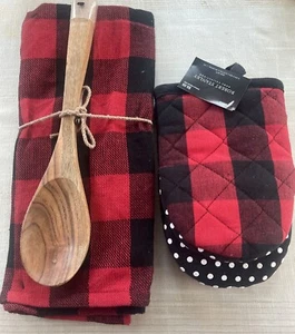 NEW Robert Stanley Black Red Buffalo Check Plaid OVEN MITT KITCHEN TOWEL SPOON - Picture 1 of 10
