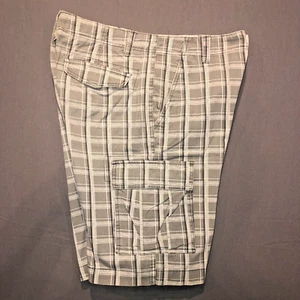 Herren Eisen Jeans Shorts Cargo Wandern Angeln Gr. 33 weiß grau kariert 6 Taschen - Bild 1 von 9