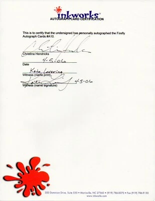Signed Contract CHRISTINA HENDRICKS AUTOGRAPH Certification FIREFLLY Mad Men - Image 1 of 2