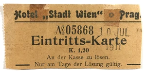 Antike Hotel Stadt Eintrittskarte Ticket Wien Prag Österreich Ungarn Juli 1911 - Bild 1 von 2