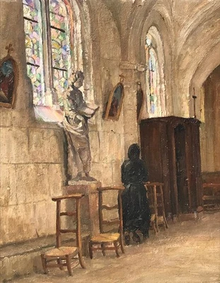 Tableau HSP - SAINT et Scène d' Eglise - Signé - XXème - IMPRESSIONIST PAINTING - Photo 1/4