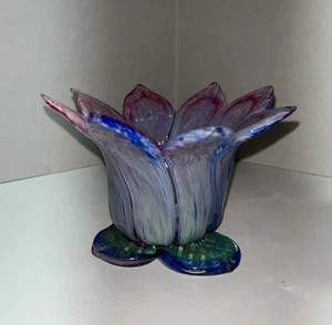 Hand Blown Blue Pink Clear Glass Lotus Flower Candle Holder - Picture 1 of 6