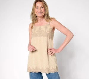 LOGO by Lori Goldstein Woven Clip Dot Tank with Lace Trim Safari Tan 2X New - Picture 1 of 1