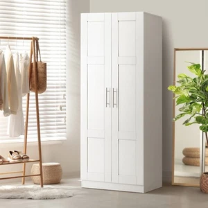 Oikiture Wardrobe Clothes Storage Cabinet Large Cupboard 2 Doors 4 Shelves White - Picture 1 of 10