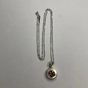 VTG 925 Sterling Silver Orange Topaz? Stone Pendant Necklace 3.6g 16 1/2” Chain - Picture 1 of 5
