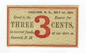1864 3c Morrill & Silsby - Concord, NEW HAMPSHIRE Merchant Scrip Ch.CU - Picture 1 of 2