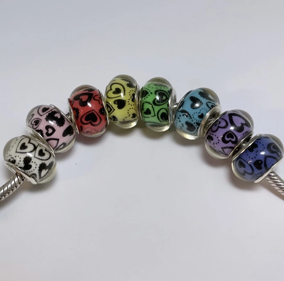 PUFFY CUTE HEARTS Resin Murano Bead European SILVER PLATED Charm - Image 1 of 1