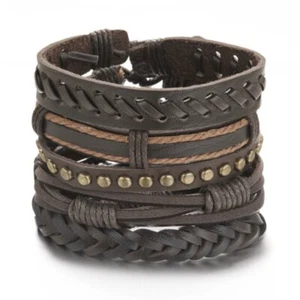 6pcs Mens Punk Leather Wrap Braided Bracelet Wristband Bangle Cuff Jewelry Gift - Picture 1 of 5