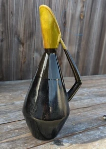 MCM Black Avocado Drip Crackle Glaze Art Pottery Vessel Signed Modernist Pitcher - Picture 1 of 12