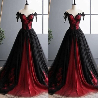 Gothic Black/Red Wedding Dresses Off Shoulder A Line Bridal Gowns Custom Size - Image 1 of 4