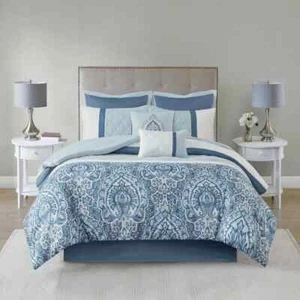 NEW! ~ ELEGANT MODERN GREY NAVY AQUA LIGHT BLUE WHITE CONTEMPORARY COMFORTER SET - Picture 1 of 4