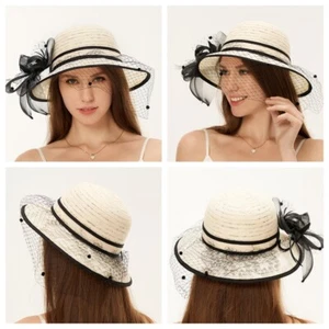 Women Retro Lace Cap Fisherman Hat Wide Brim Mesh Bow Party Evening Elegant Chic - Picture 1 of 17