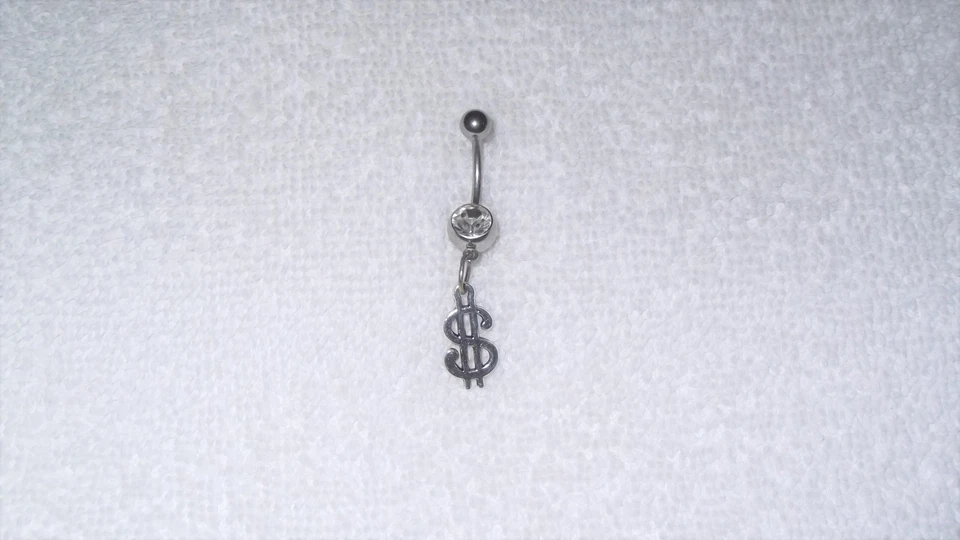 Dollar Sign Cash Money Charm Belly Button Navel Ring Body Jewelry Piercing 14g - Image 1 of 2