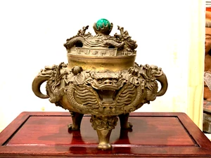 ANTIQUE CHINESE BRONZE INCENSE BURNER FITING DRAGONS FOR THE JADE PRESSED MARKS - Picture 1 of 20