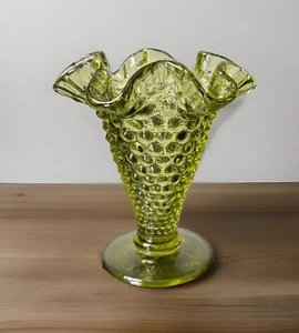 UV Reactive Fenton Double Crimped Footed Vase Colonial Green Hobnail 3.75” - Picture 1 of 8