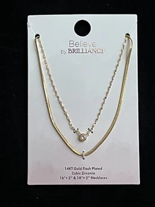BELIEVE BY BRILLIANCE 14K GOLD FLASH CUBIC ZIRCONIA DUAL CHAIN NECKLACE - Picture 1 of 2