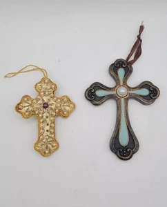 Croce Ornamenti Teal Bronzo Resina Oro Strass Perline Tessuto Decorazione Religiosa - Foto 1 di 6