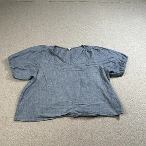 Camisa J Crew Para Mujer 2XL Azul Manga Corta Cambray Denim Cuello en V Peasant Heritage - Imagen 1 de 7