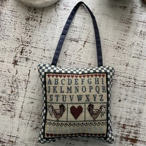 Rustic Country Decor Tapestry Sampler Roosters Door Knob Hanger Mini Pillow 5x5 - Picture 1 of 9