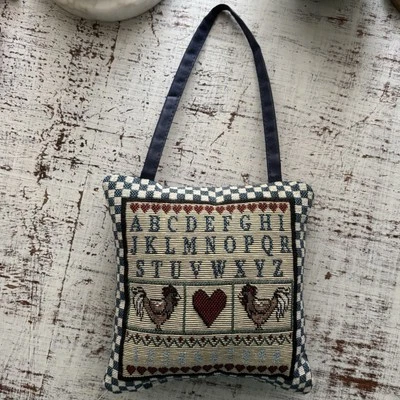 Rustic Country Decor Tapestry Sampler Roosters Door Knob Hanger Mini Pillow 5x5 - Image 1 of 4