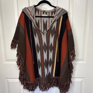 Vintage Kuschel Strick Poncho One Size Kapuze Fransen Southwestern 70er Retro Festival - Bild 1 von 17
