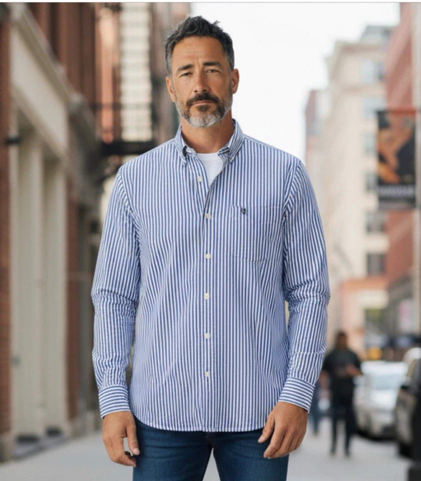 Camisa de manga larga American Living XL a rayas con botones 100 % algodón para hombre Foto 1 de 4