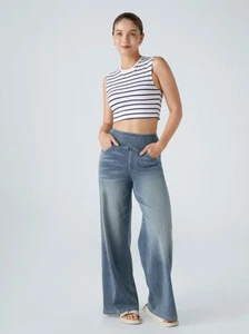Halara Flex HighWaisted MultiPockets Baggy Wide Leg Washed Stretchy Knit Jeans-S - Picture 1 of 11