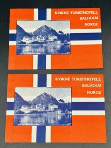 Coppia di etichette per bagagli in carta Kviknes Turisthotell vintage da Balholm, Norvegia - Foto 1 di 2