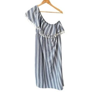 Isabel Maternity Dress Blue White Stripes One Shoulder Tassel Bohemian Sz Large - Picture 1 of 4