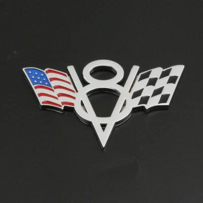 Silver V8 American US USA Flag Chrome Metal Front Emblem Badge For Chevrolet Car - Image 1 of 4