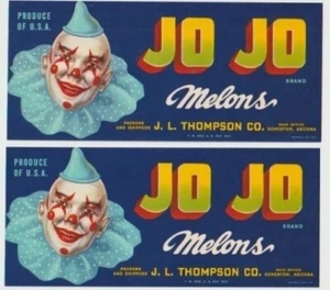 2 - JO JO MELONS - Kistenetikett, Clown, J L Thompson Co Somerton Arizona - 1950er - Bild 1 von 2