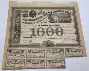 Type 134, Ball 201, 1863 $1000 Confederate Loan w/ 7 coupons w/ Dutch Tax Stamp - Picture 1 of 2