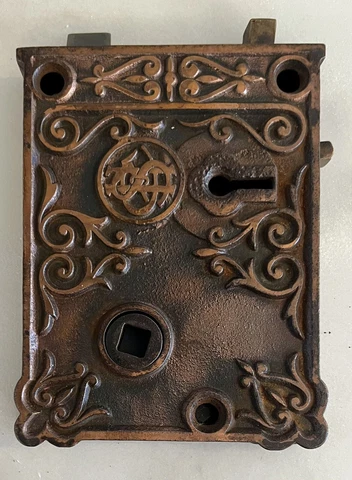 Antique Ornate Door Rimlock Mortise Lock Cast Iron w/ Gold Tone Simmons Hardware Cover