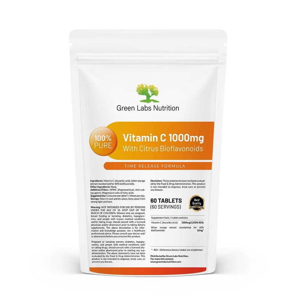 GREEN LABS NUTRITION Vitamin C 1000 mg Tabletten – hochdosiert mit Bioflavonoiden & Retardwirkung