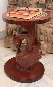 Wooden table multi color ceramic tiles fitted stool hand carved duck bird statue - Picture 1 of 12