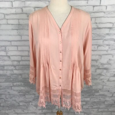 Coldwater Creek Pleated Top Shirt Blouse Shirt Size 3X Lace Trim Peach Button Up - Image 1 of 4