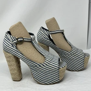 Jeffrey Campbell Foxy Platform Sandals Heels Nautical Blue White Striped Sz 6.5 - Picture 1 of 15