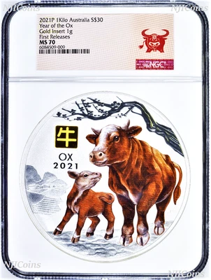 Moneda de 30 dólares de plata Año Lunar del Buey 2021 de 1 kilo NGC MS70 con marca privada de oro Foto 1 de 4