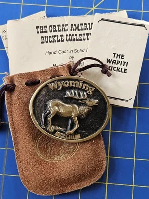 Wyoming Wapiti Solid Brass Belt Buckle 1982 Heritage Mint Pershing Geiger Pouch - Image 1 of 4