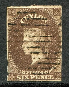 Ceylon 1857-59 imperf. 6d brown SG 6a used: 3 margins, FAULTS (cat. £550) 'B' - Picture 1 of 2