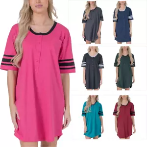 Womens Short Sleeve Nightshirt Nightgown with 3 Stripe Design Sleepshirt - Picture 1 of 62