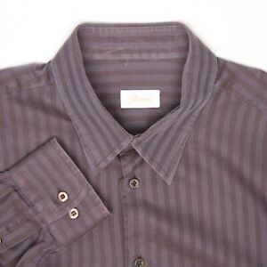 Brioni Mens Dress Shirt XL 17/36 Brown Gray Herringbone Weave Button Front Italy