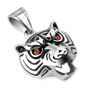 Men's Stainless Steel Growling Tiger Pendant with Red Glistening CZ Eyes - 40 mm - Picture 1 of 4