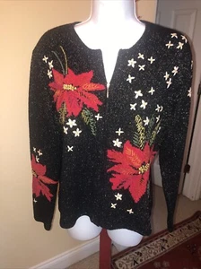 Talbot Woman Vintage Sweater, Silk Embroidered Poinsettia Black Red Full Zip S - Picture 1 of 5